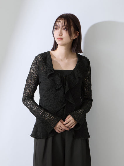 ストレッチレースラッフルカラートップス