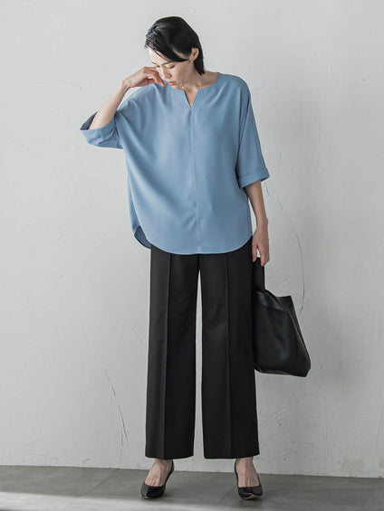 【WEB限定】デニム見えシャンブレーワイドパンツ≪洗濯機で洗える≫