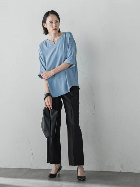 【WEB限定】デニム見えシャンブレーワイドパンツ≪洗濯機で洗える≫