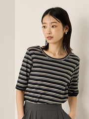 ランダムリブボーダーハーフスリーブカットソー≪手洗い可能≫