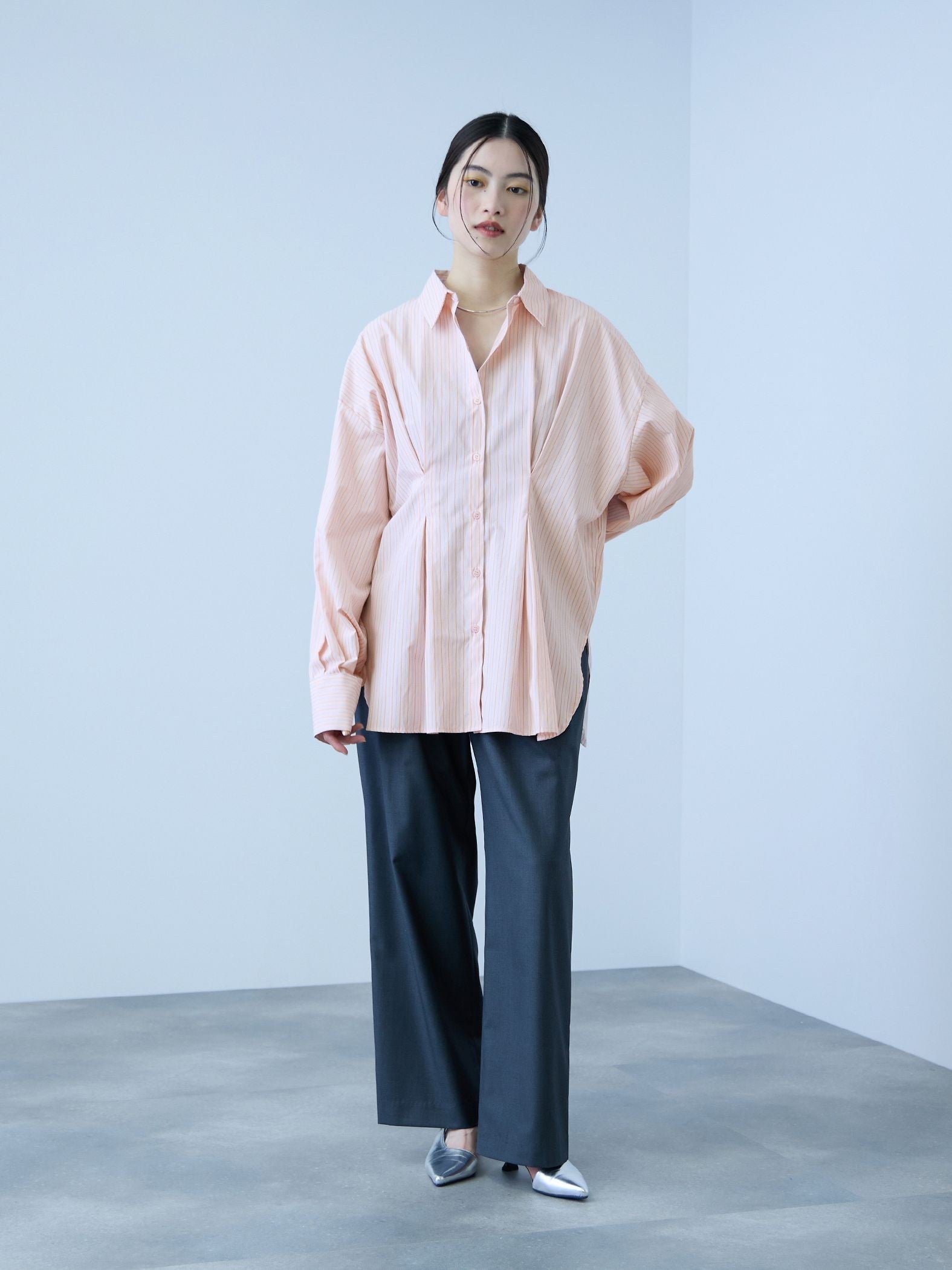 《きちんと映え》ストライプウエストタックシャツ