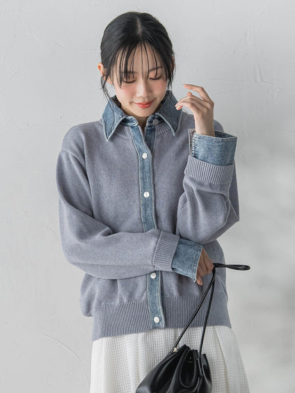 デニムドッキングニットカーディガン≪手洗い可能≫