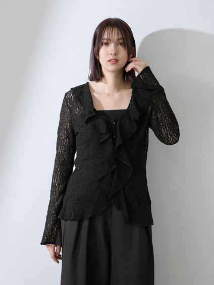 ストレッチレースラッフルカラートップス