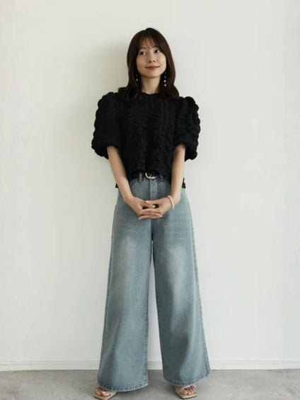 【小さいサイズ】シャーリングジャガードブラウス
