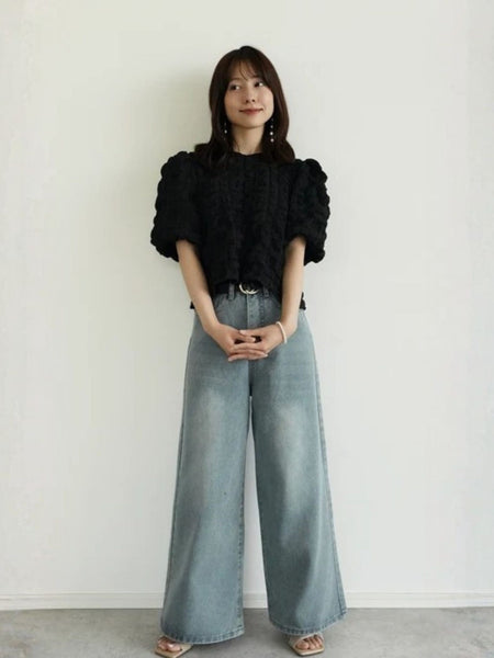 【小さいサイズ】シャーリングジャガードブラウス