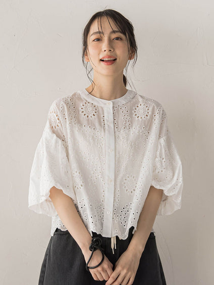 カットワーク刺繍バンドカラーブラウス