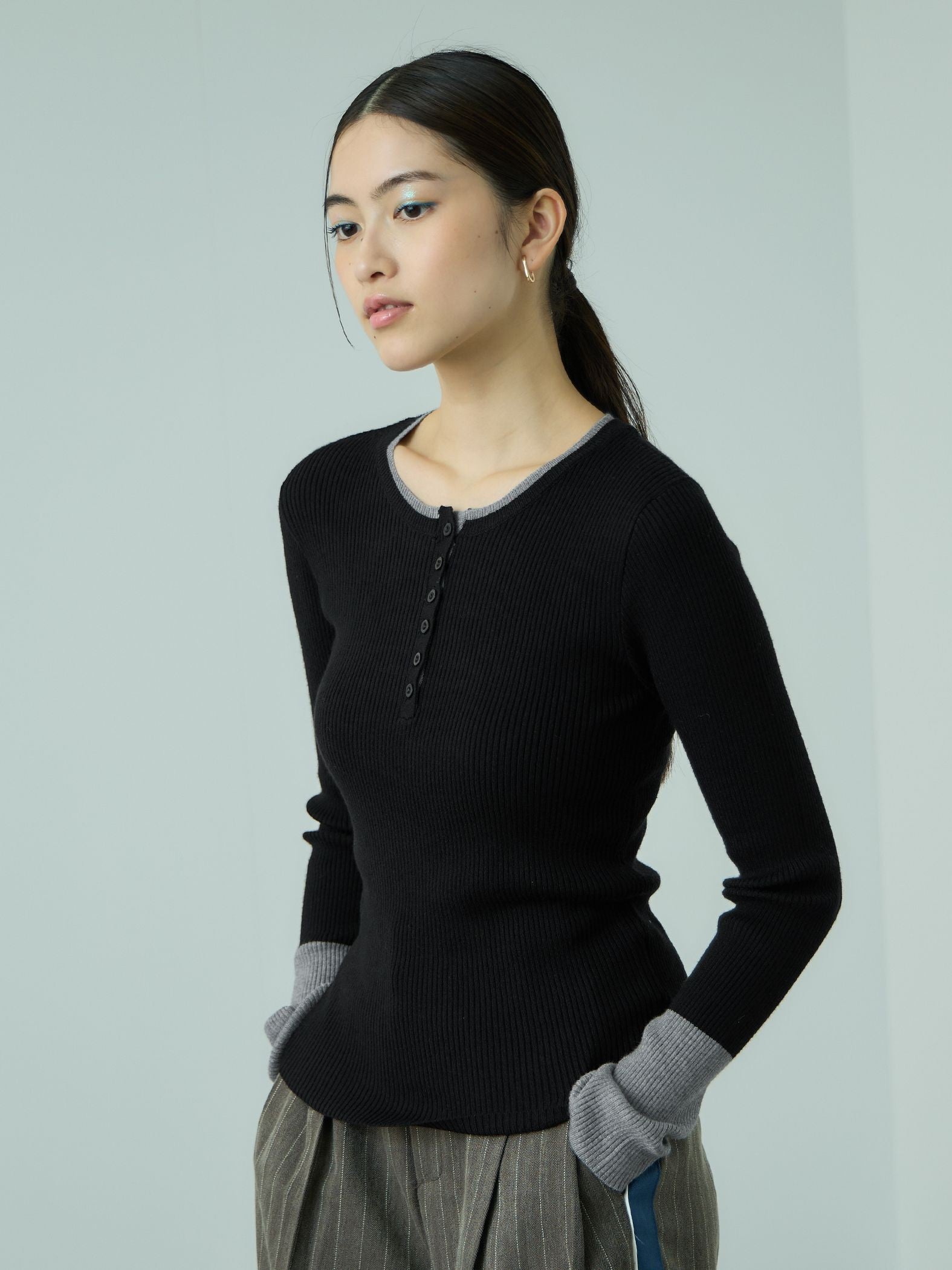 配色キーネックリブニットプルオーバー≪手洗い可能≫