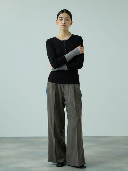 配色キーネックリブニットプルオーバー≪手洗い可能≫