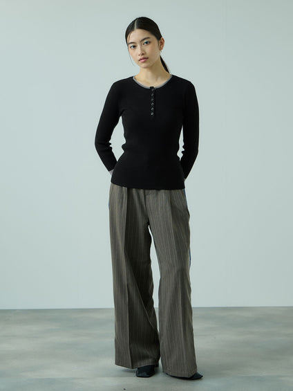 配色キーネックリブニットプルオーバー≪手洗い可能≫