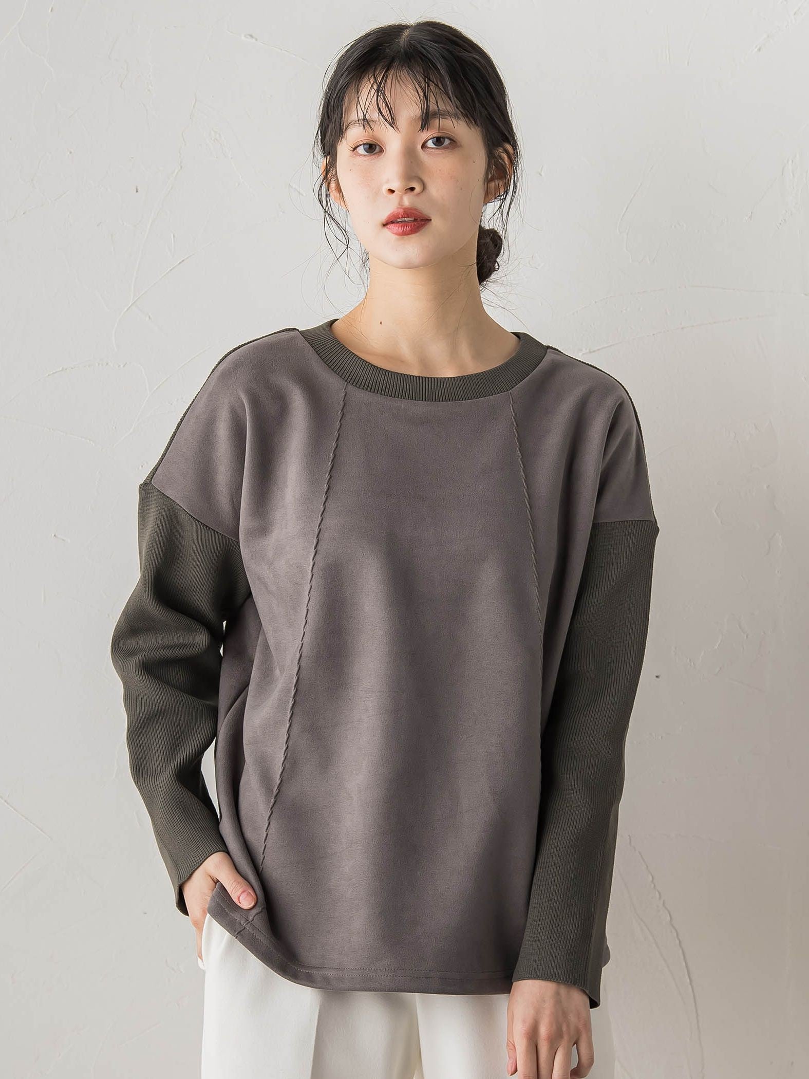 スエード×リブ変形切替えプルオーバー≪手洗い可能≫