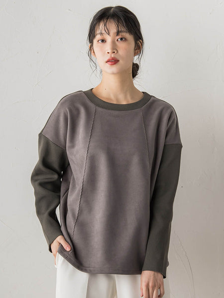 スエード×リブ変形切替えプルオーバー≪手洗い可能≫