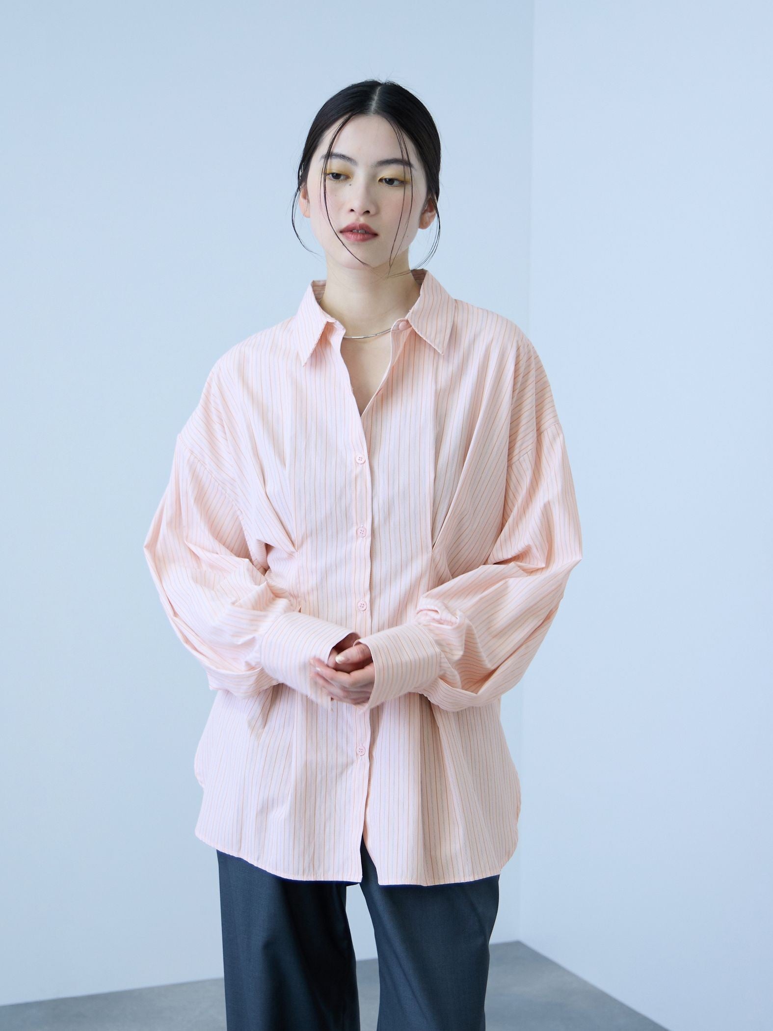 《きちんと映え》ストライプウエストタックシャツ