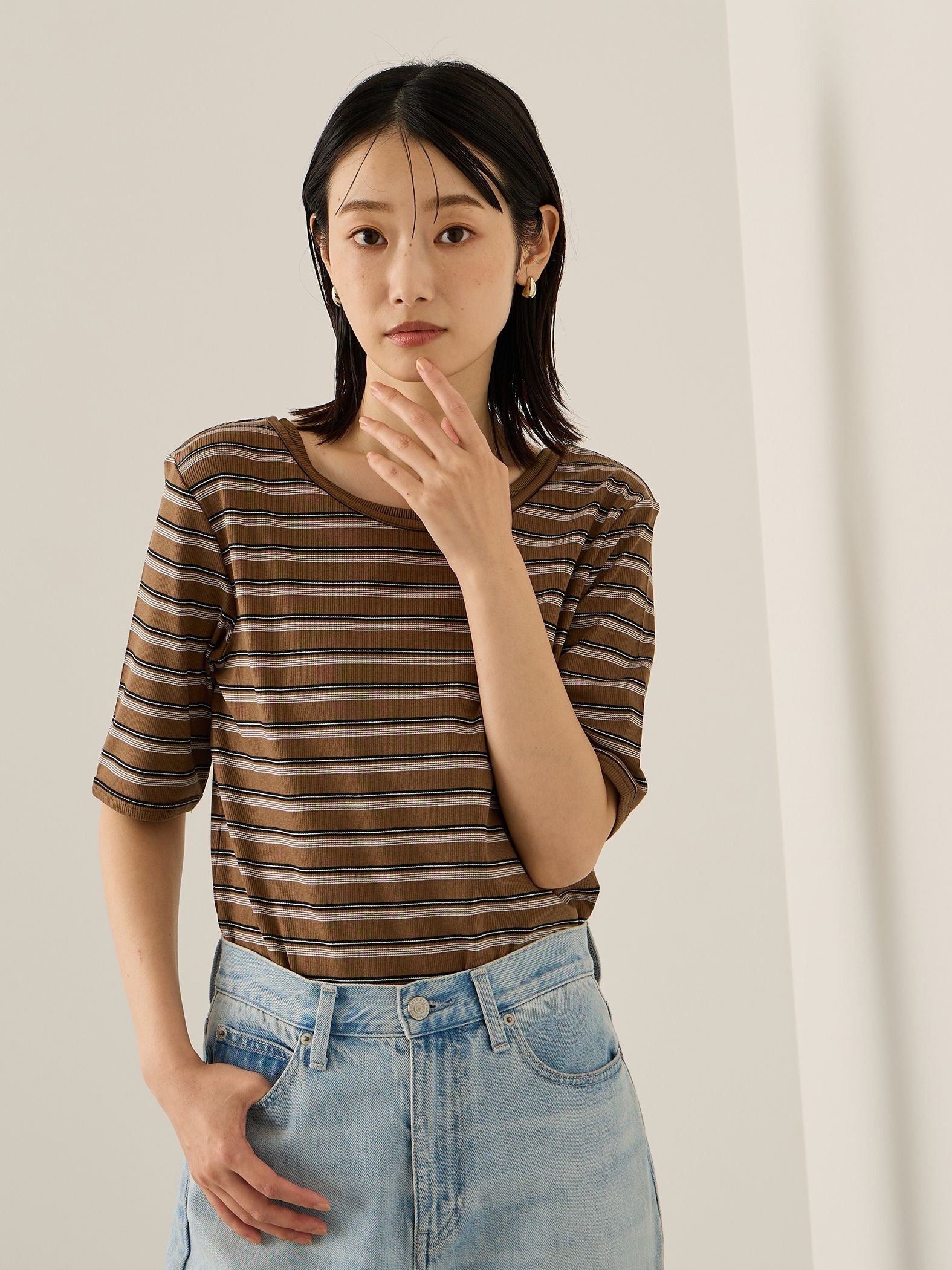 ランダムリブボーダーハーフスリーブカットソー≪手洗い可能≫