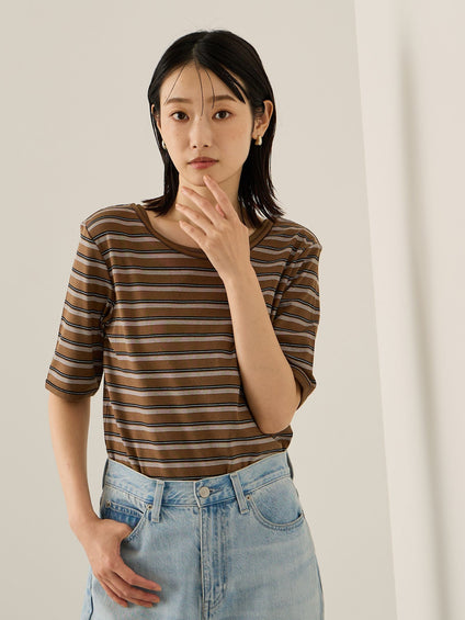 ランダムリブボーダーハーフスリーブカットソー≪手洗い可能≫