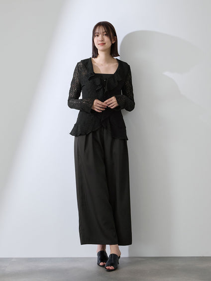 ストレッチレースラッフルカラートップス