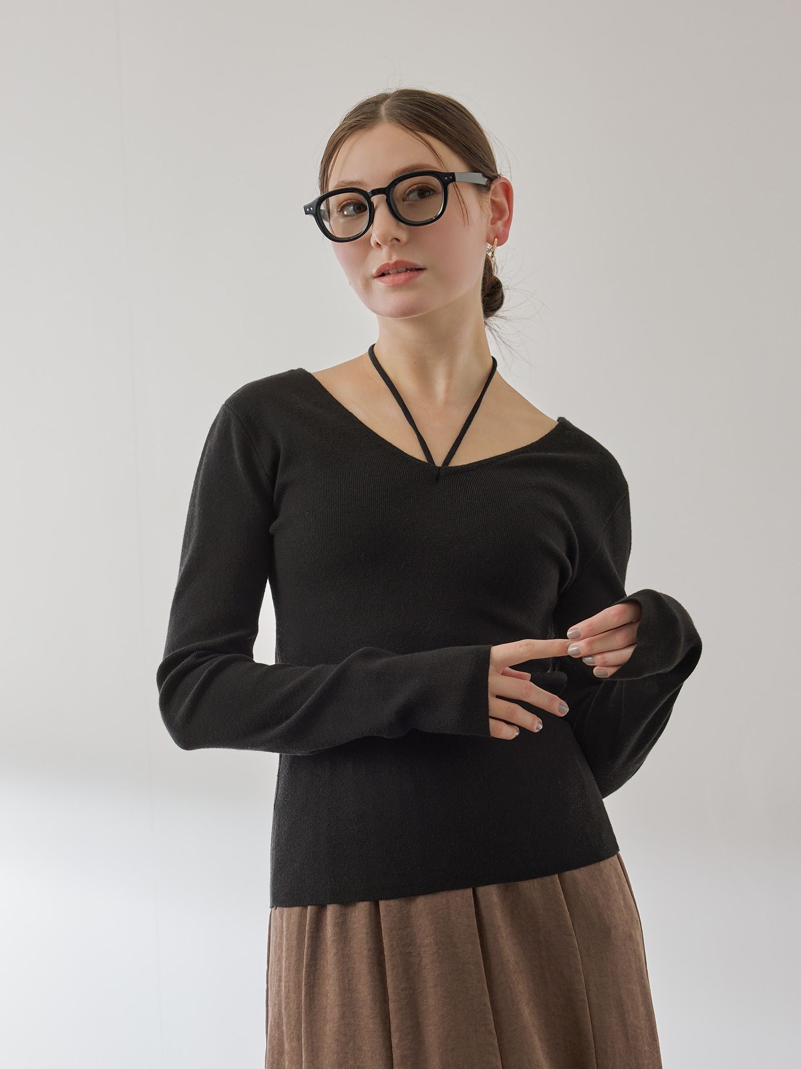 ストリング付バレエネックリブニット≪手洗い可能≫