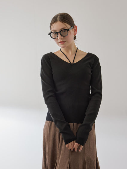 ストリング付バレエネックリブニット≪手洗い可能≫