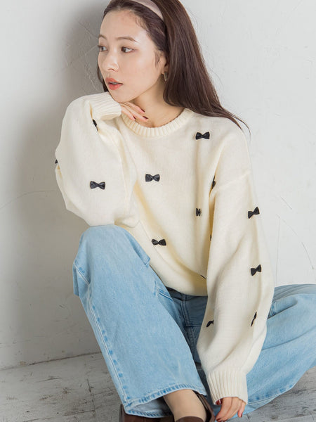 再入荷】リボン付きアルパカタッチボリュームスリーブニット≪手洗い 