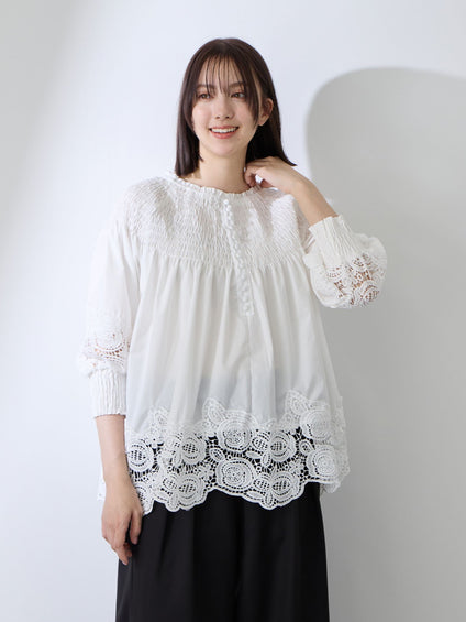 前後2WAYレースシャーリングブラウス