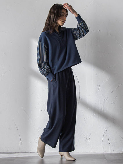 ストライプスリーブハーフジッププルオーバー≪手洗い可能≫