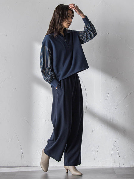 ストライプスリーブハーフジッププルオーバー≪手洗い可能≫