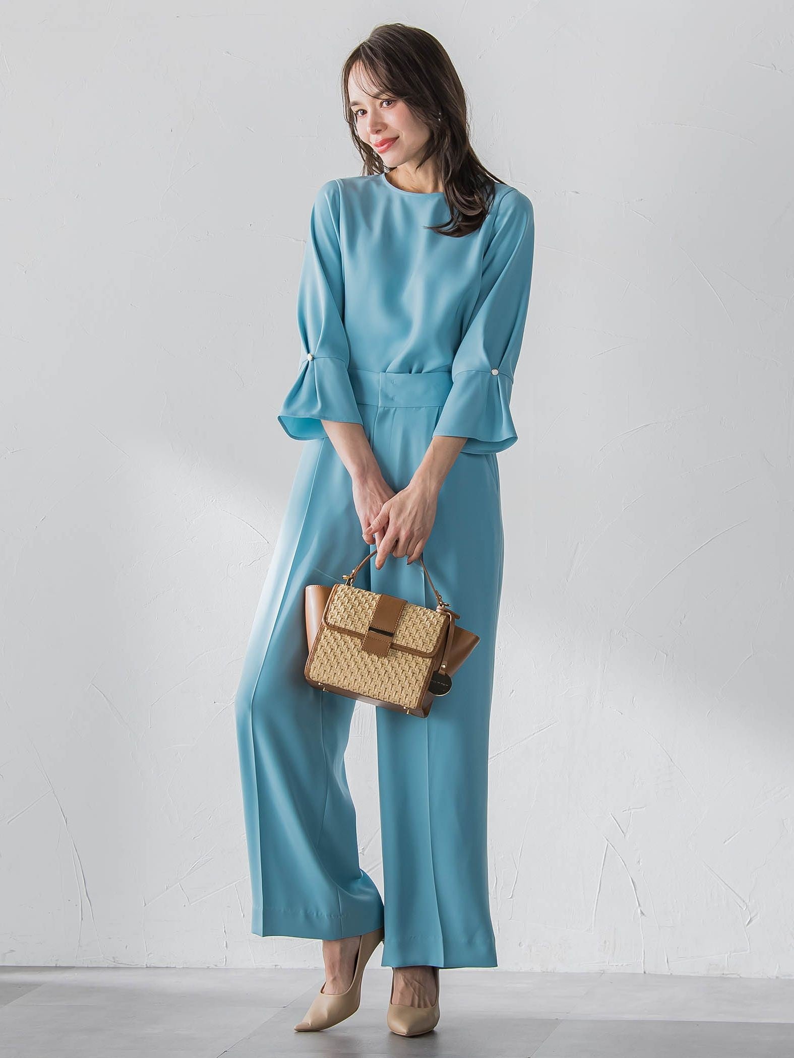 サスペンダー付きダブルサテンパンツ