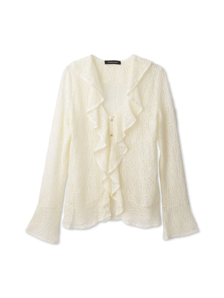 ストレッチレースラッフルカラートップス