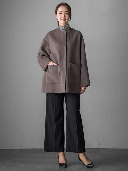 ノーカラーウールリバーコート