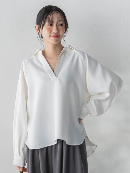 【WEB限定】パウダーストレッチ合わせネックブラウス≪手洗い可能≫