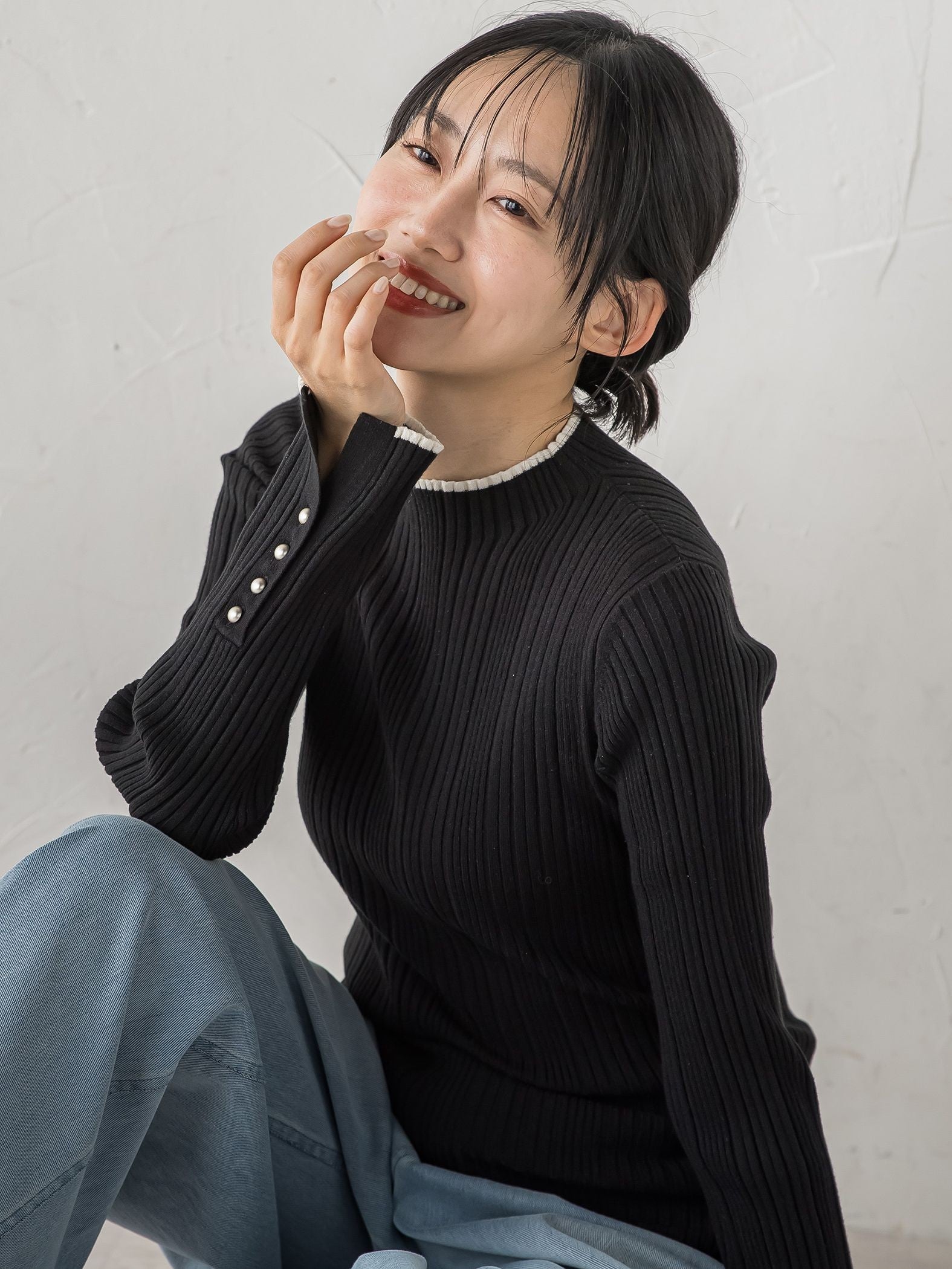 【新色追加】袖ボタンランダムリブニット≪手洗い可能≫