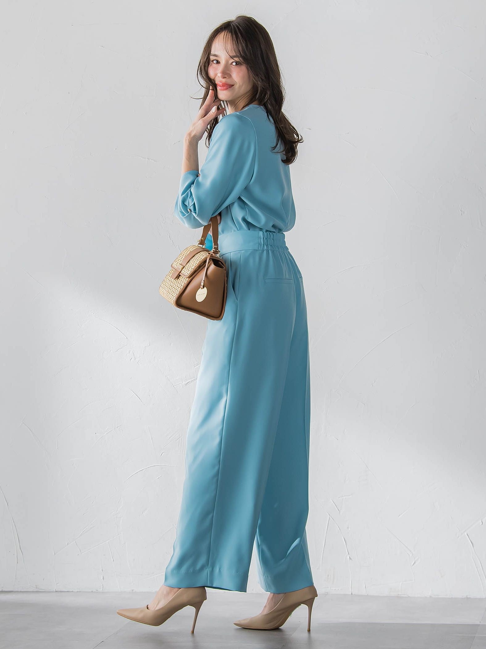 サスペンダー付きダブルサテンパンツ