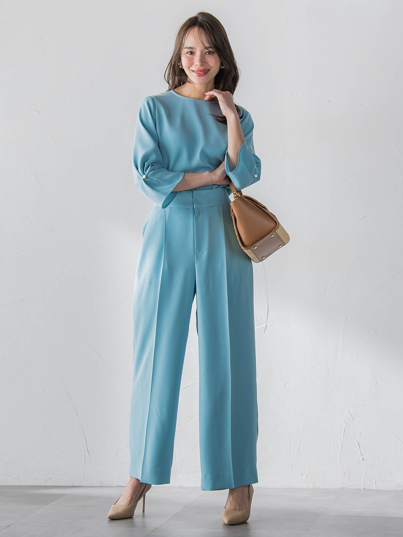 サスペンダー付きダブルサテンパンツ