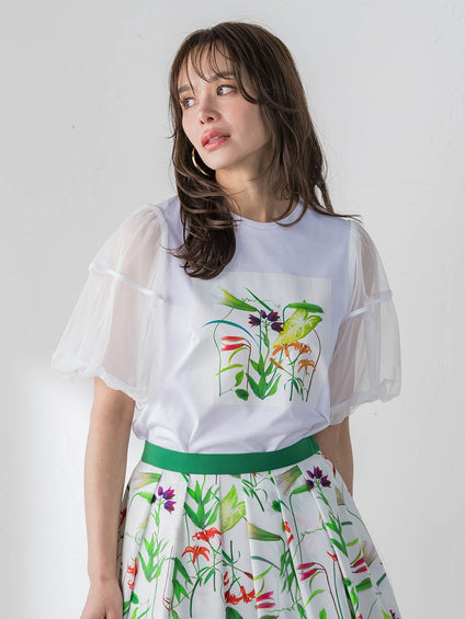 【KEITA KAWASAKI × Viaggio Bluコラボ】袖チュールプリントTシャツ