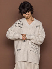 メッセージ刺繍Vネックニットプルオーバー≪手洗い可能≫