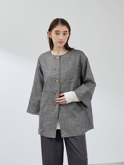 ツィード調ハウンドトゥースノーカラーコート≪手洗い可能≫