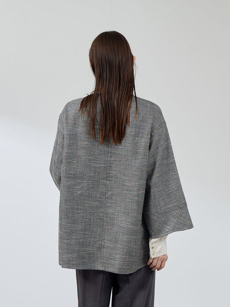 ツィード調ハウンドトゥースノーカラーコート≪手洗い可能≫