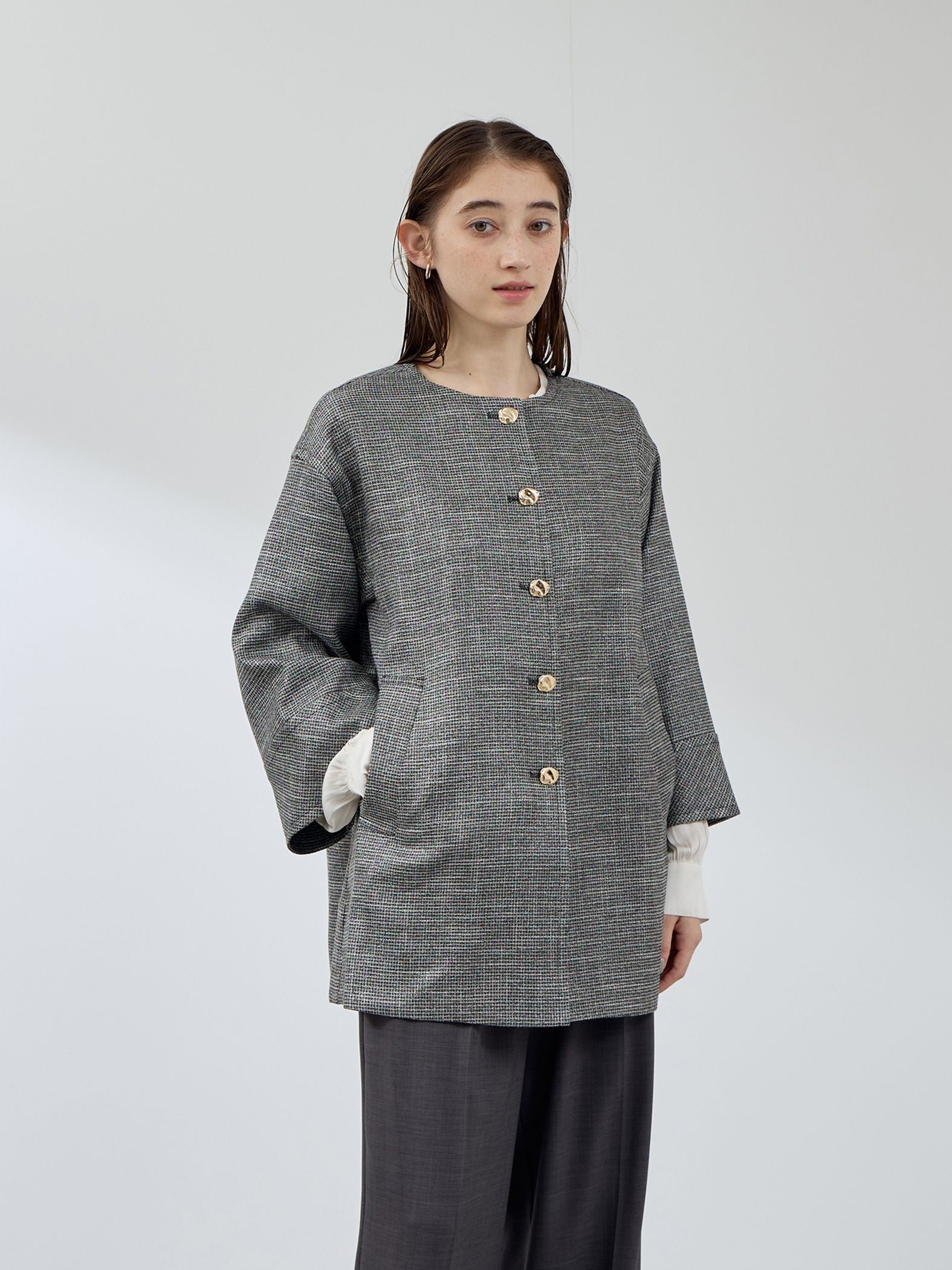 ツィード調ハウンドトゥースノーカラーコート≪手洗い可能≫