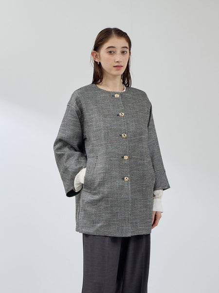 ツィード調ハウンドトゥースノーカラーコート≪手洗い可能≫