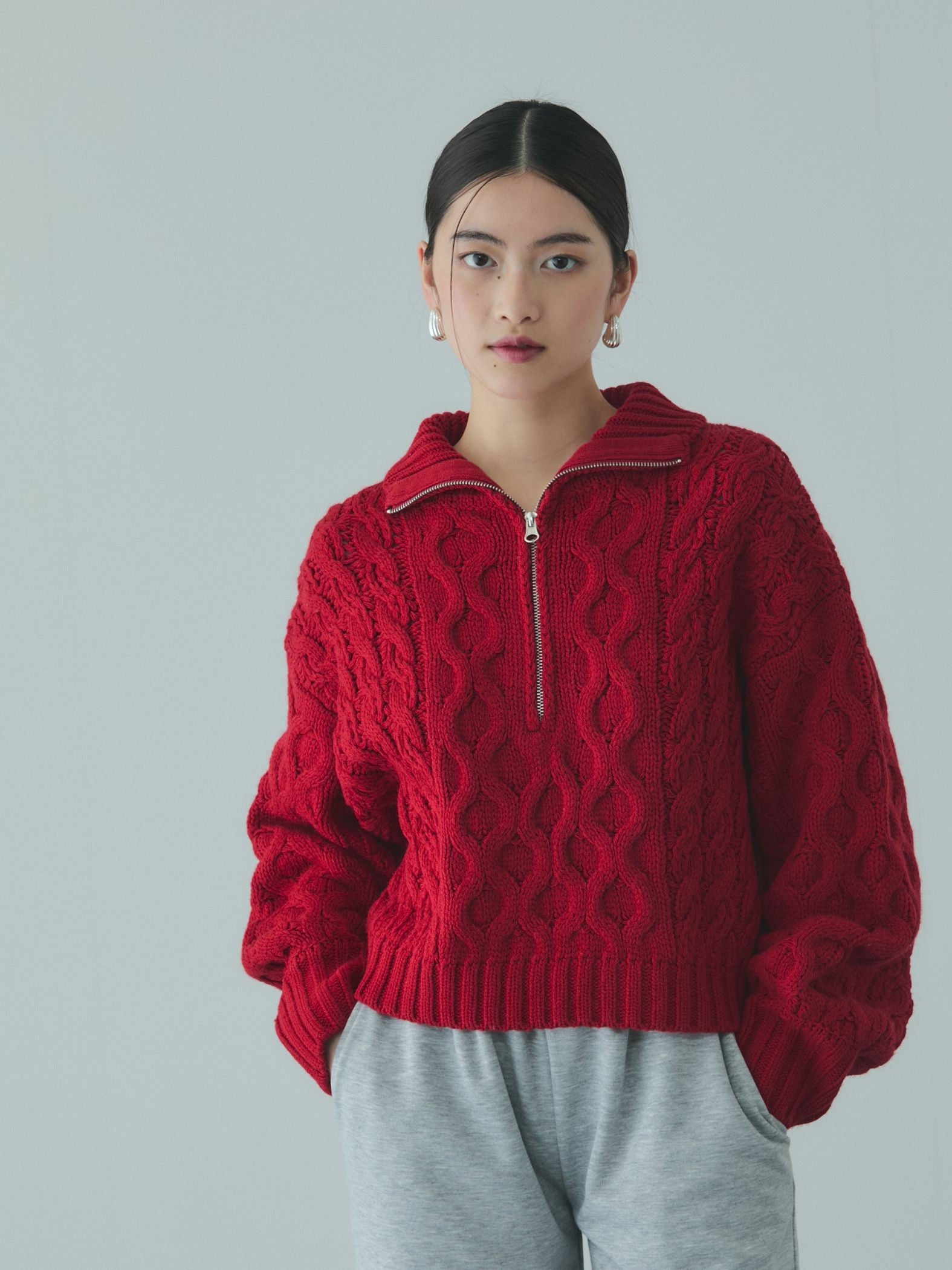 バルキーケーブルハーフジップニット≪手洗い可能≫