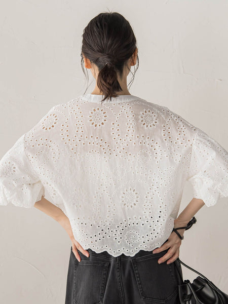カットワーク刺繍バンドカラーブラウス | Droite lautreamont
