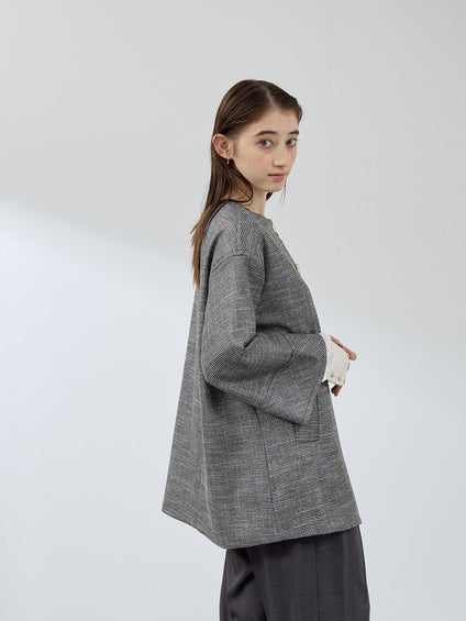 ツィード調ハウンドトゥースノーカラーコート≪手洗い可能≫