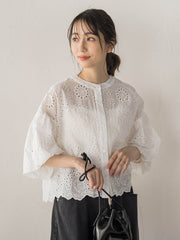 カットワーク刺繍バンドカラーブラウス