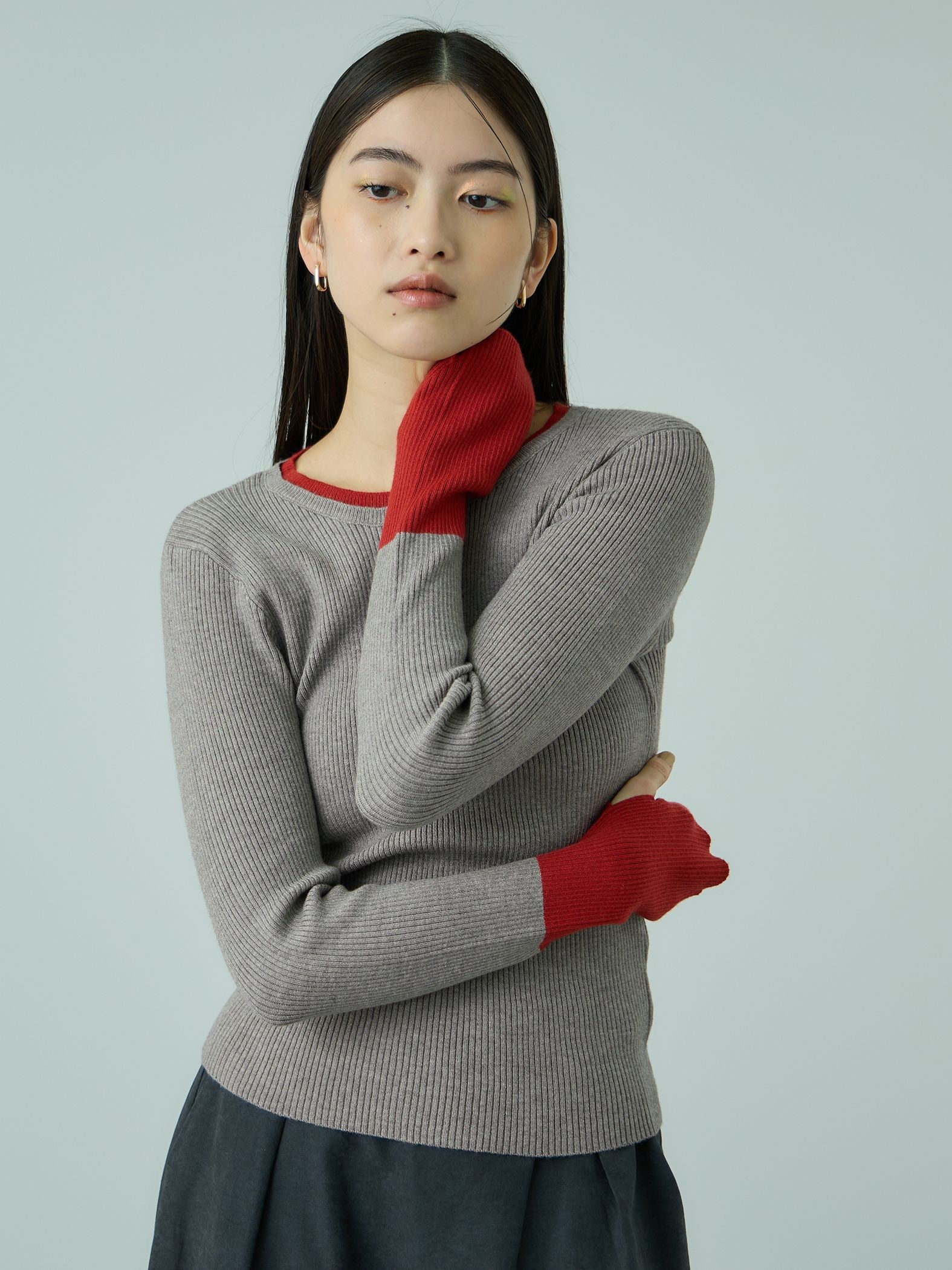 配色キーネックリブニットプルオーバー≪手洗い可能≫