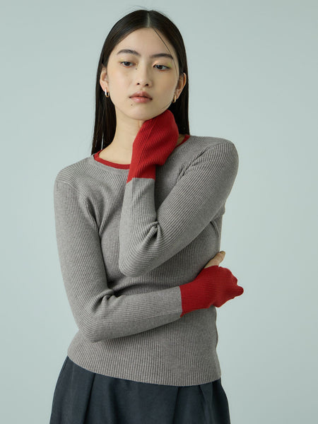 配色キーネックリブニットプルオーバー≪手洗い可能≫