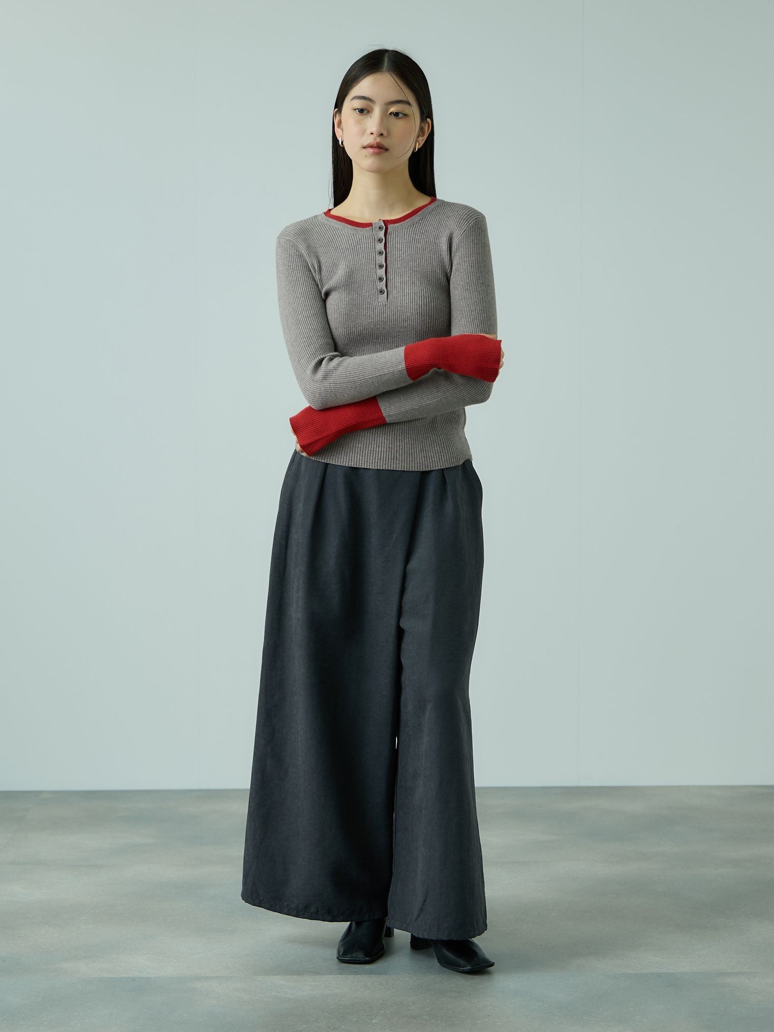 配色キーネックリブニットプルオーバー≪手洗い可能≫