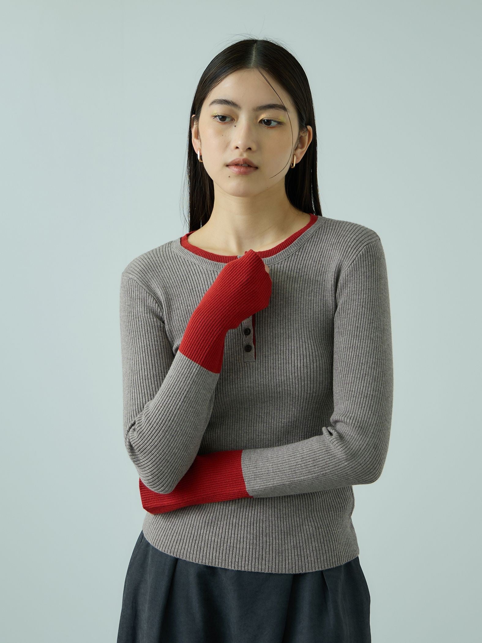 配色キーネックリブニットプルオーバー≪手洗い可能≫