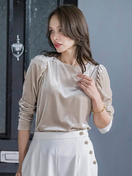 パフ袖ベロアカットソー≪手洗い可能≫