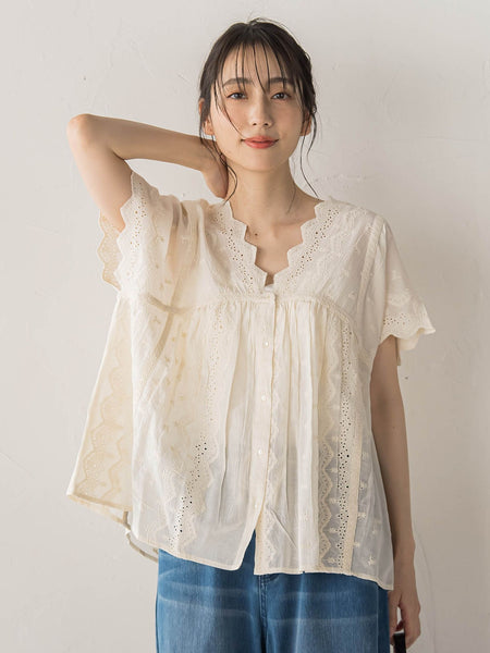 刺繍ハシゴレースブラウス