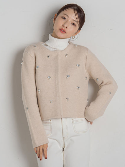 再入荷】ヘアリーヤーンビジューニットジャケット≪手洗い可能