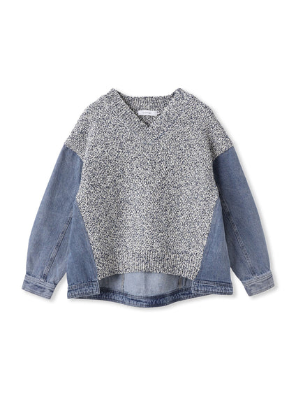 デニムドッキングVネックニットプルオーバー≪洗濯機で洗える≫